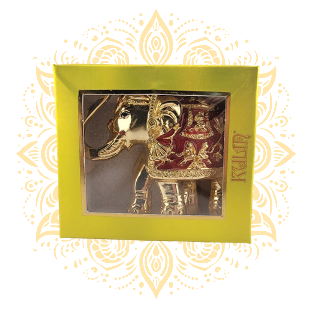 Golden Elephant w/ Raised Trunk Red/Green Howdah 3"