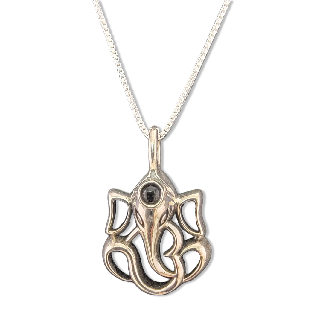 Silver Ganesh Om Pendant Necklace w/ Mantra Viewfinder – 16" Chain - Matchless Gifts2