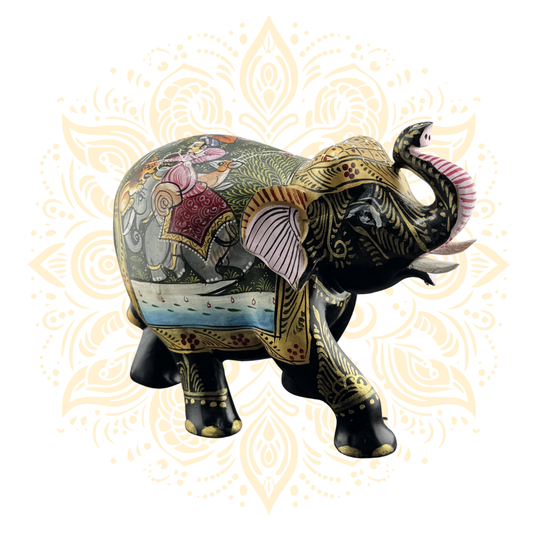 Wooden Black Painted Elephant Flower Work