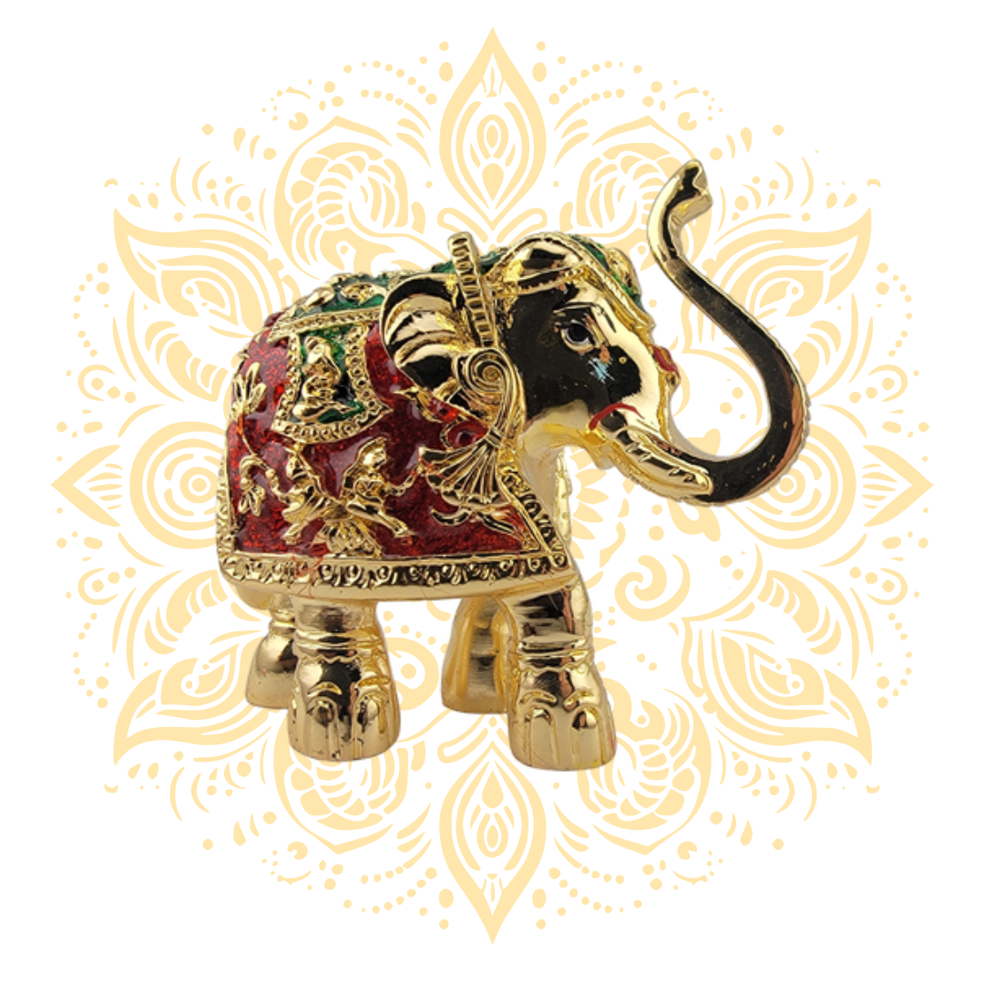 Golden Elephant w/ Raised Trunk Red/Green Howdah 3"