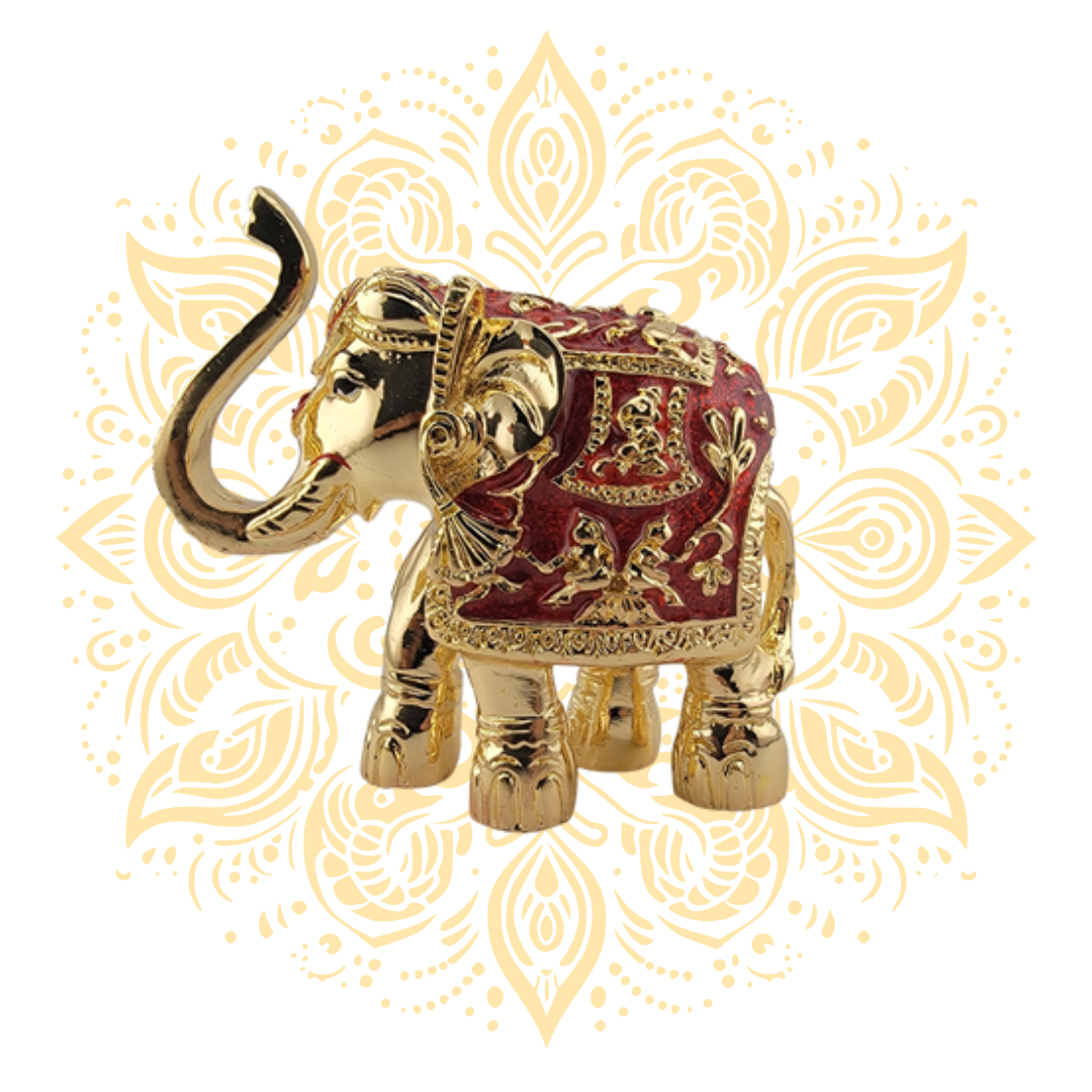 Golden Elephant w/ Raised Trunk Red/Green Howdah 3"