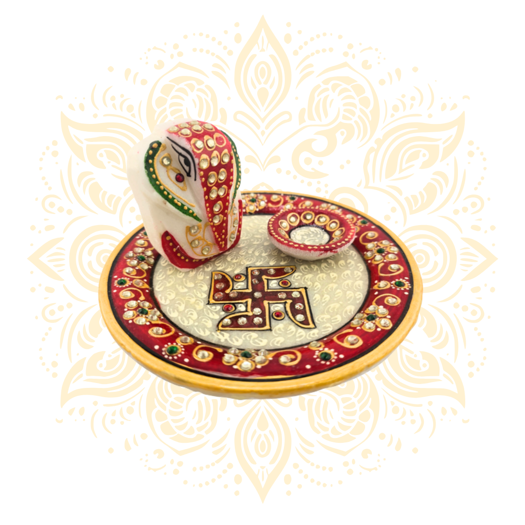 Marble Ganesh Chowki Plate w/ Diya 6" - Matchless Gifts