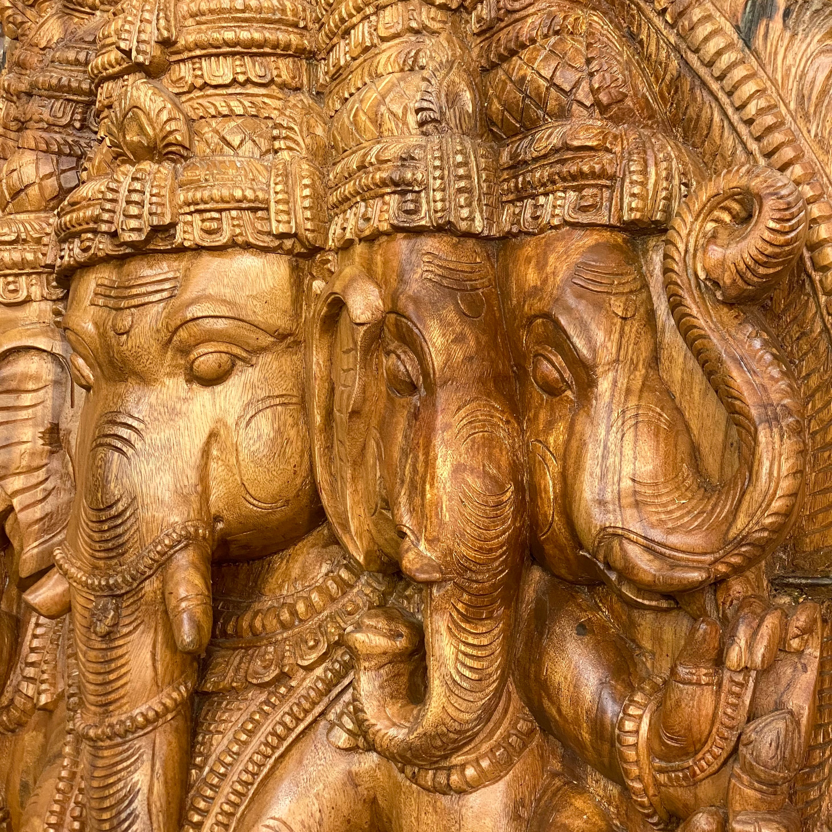 Hand-Carved Wooden Statue of Panchamukhi Ganesh 90"