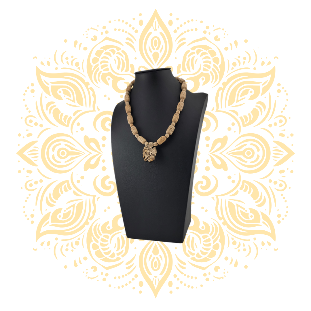 Carved Tulasi Neckbeads w/ Radha Krishna Pendant 18"