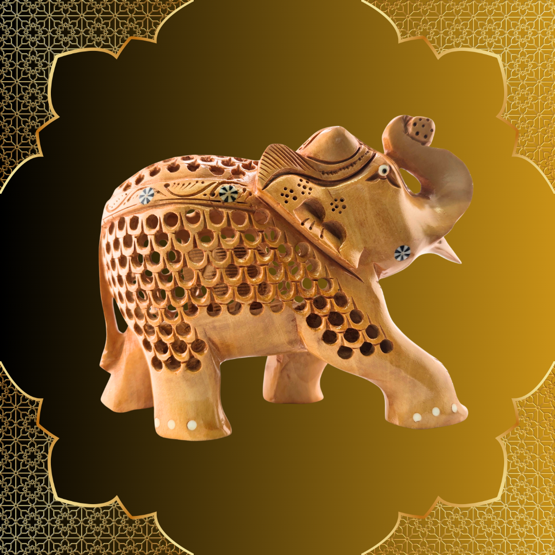 Wooden Jali Trunk Up Elephant Figurine - Matchless Gifts7