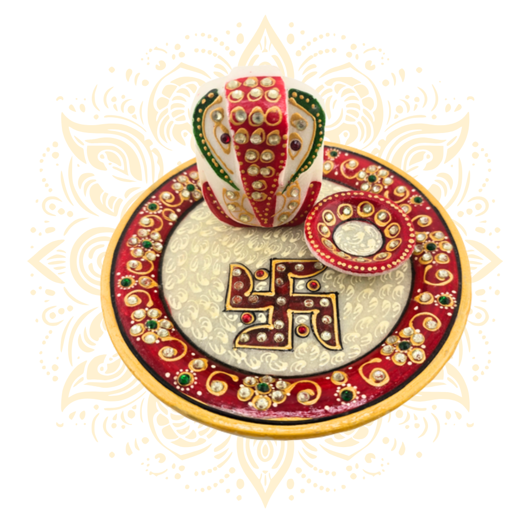 Marble Ganesh Chowki Plate w/ Diya 6" - Matchless Gifts