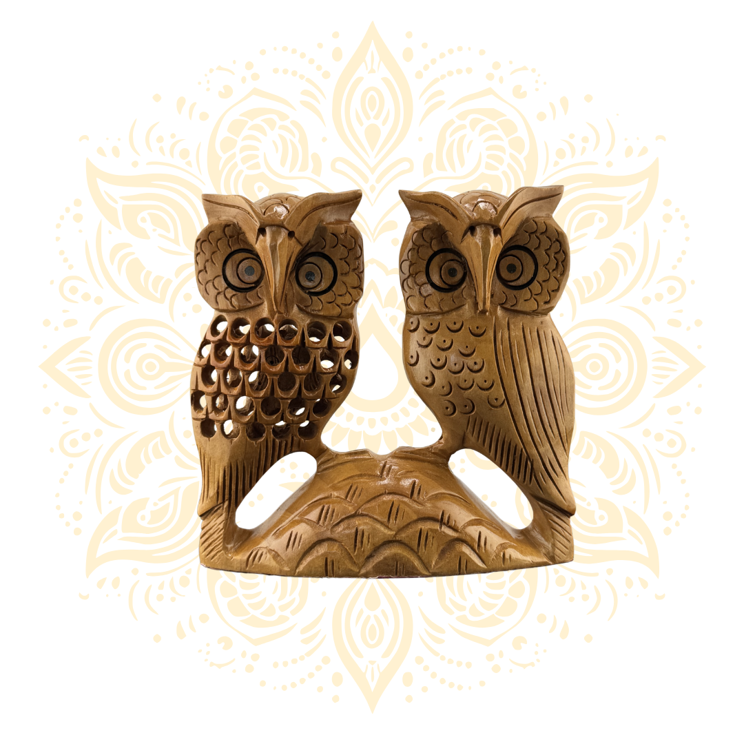 Hand Carved Wooden Double Owl Figurine 4" - Matchless Gifts1
