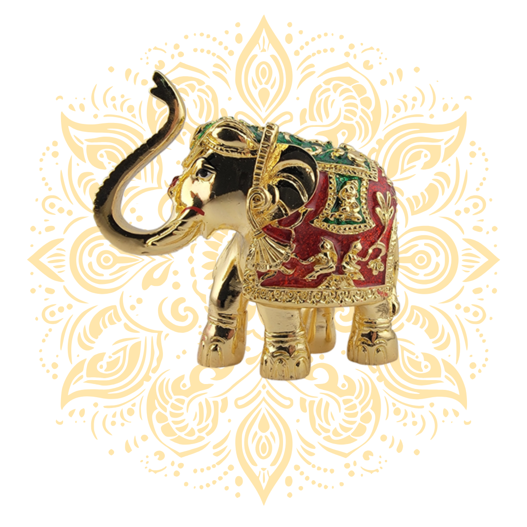 Golden Elephant w/ Raised Trunk Red/Green Howdah 3"