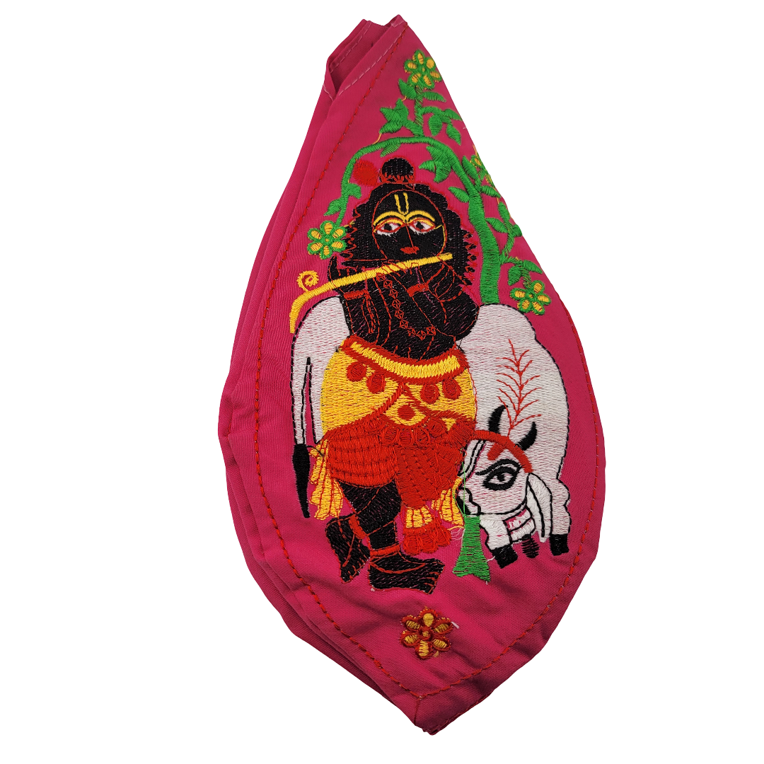 Embroidered Japa Bead Bag - Krishna w/ Cow (10 Colors)
