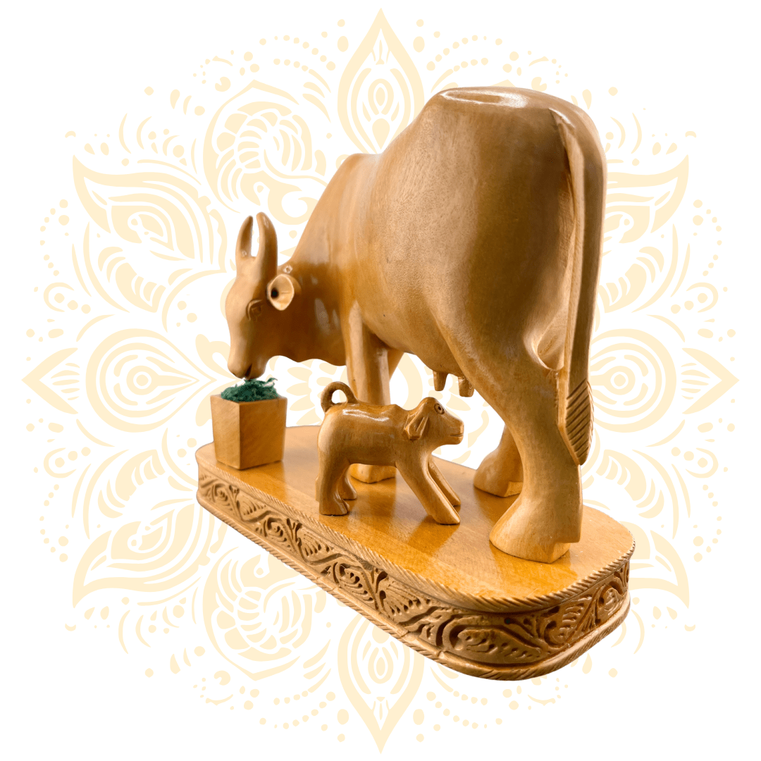 Hand-Carved Wooden Cow & Calf 4" - Matchless Gifts1