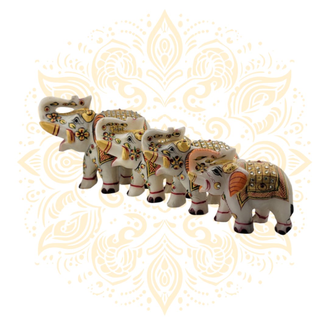 Hand-Painted Marble Elephant w/ Gem Design – Trunk Up