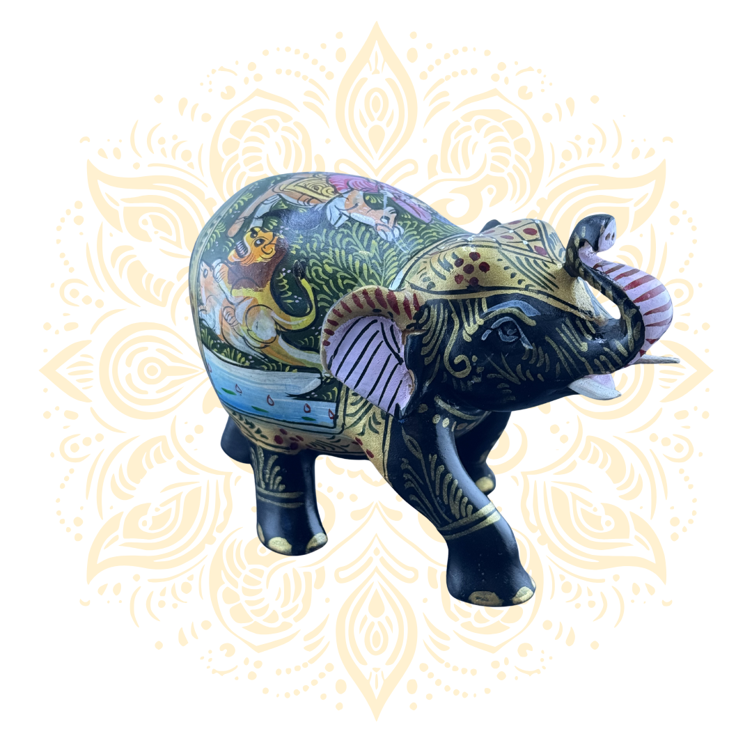 Wooden Black Painted Elephant Flower Work