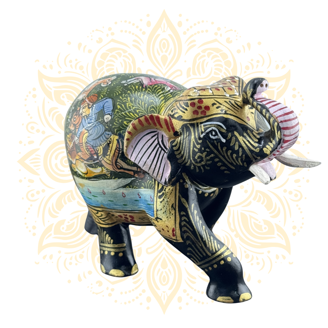 Wooden Black Painted Elephant Flower Work