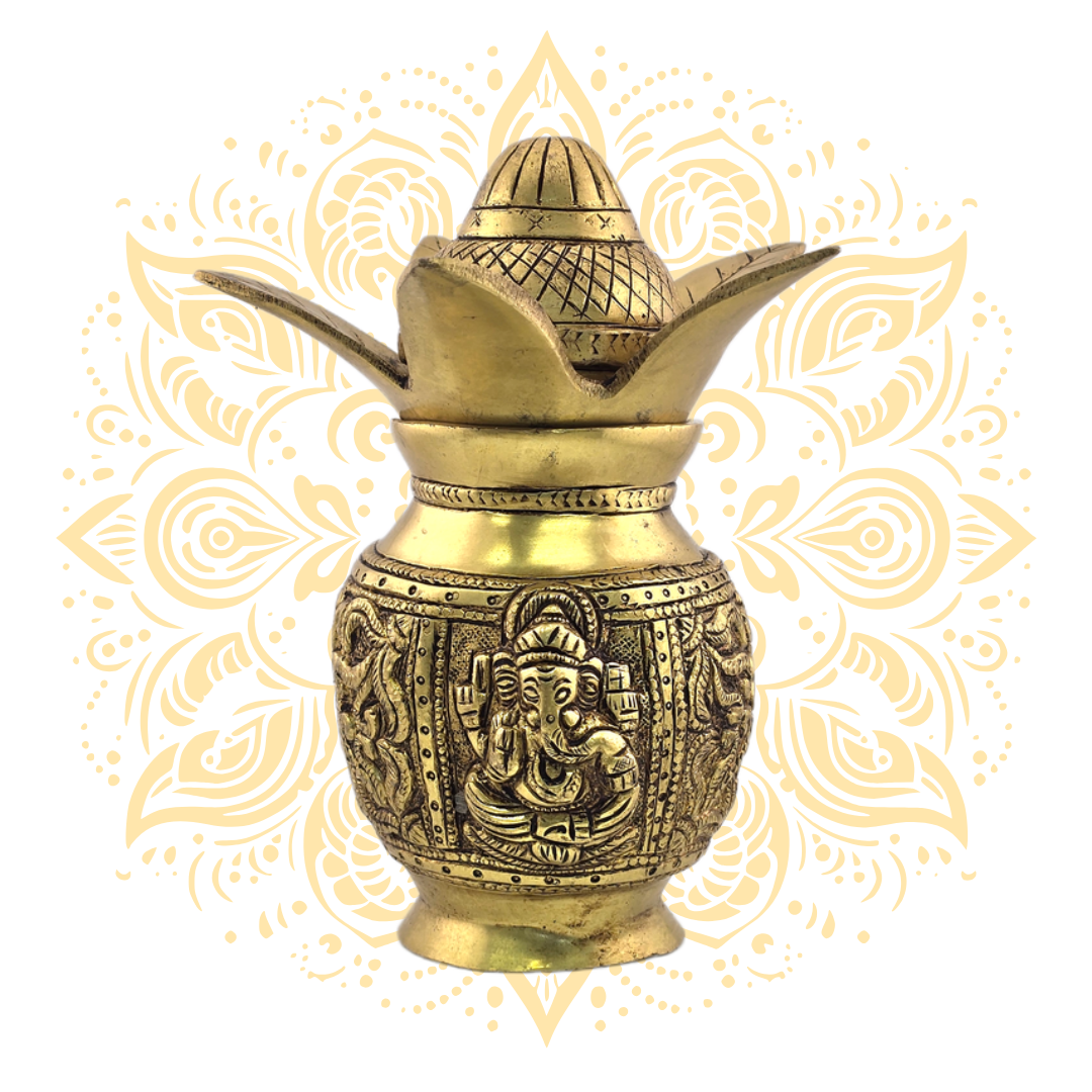 Brass Kalash w/ Laxmi & Ganesh Design 6" - Matchless Gifts3