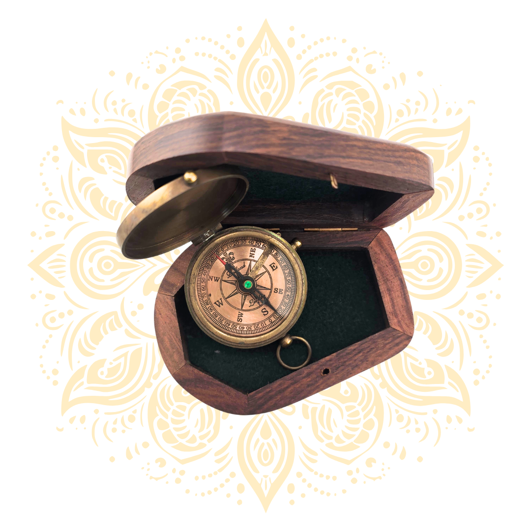 Vintage Brass Pocket Compass with Wooden Case – 2 Inch Antique Navigation Compass
