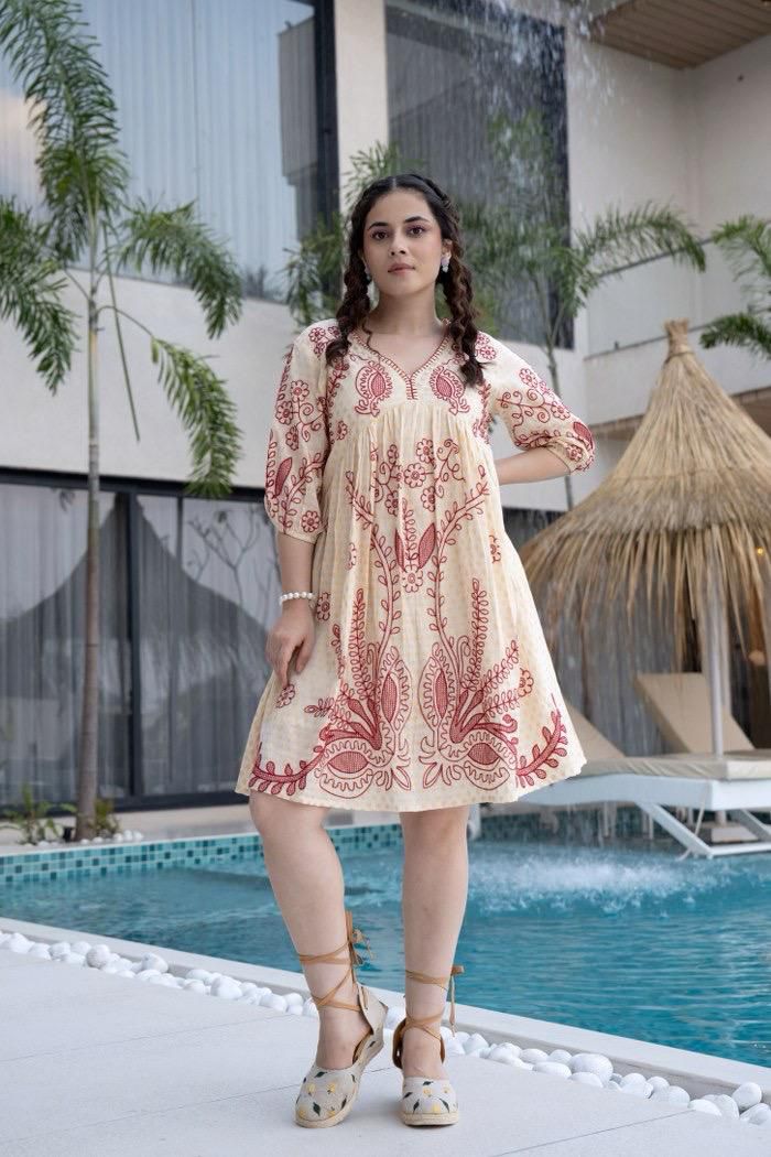 Women's Cotton Red Embroidered Dress - Matchless Gifts