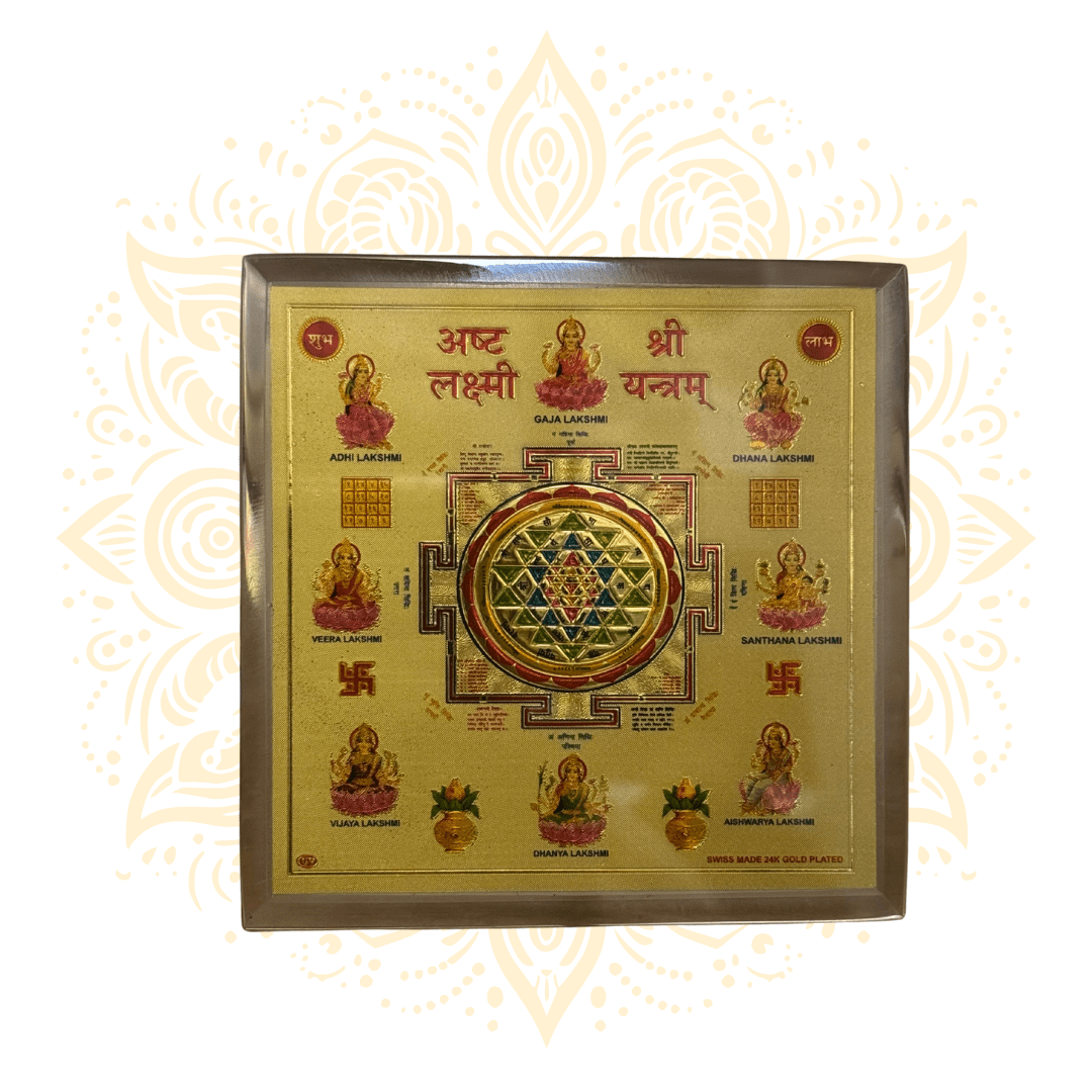 24K Gold Plated Asta Laxmi Yantra 4" x 4" - Matchless Gifts