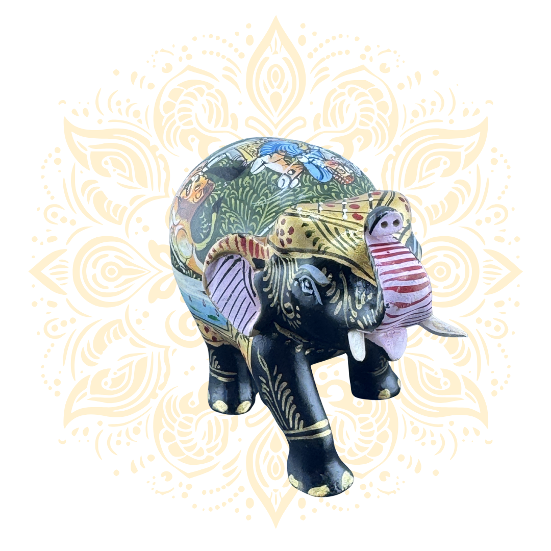 Wooden Black Painted Elephant Flower Work