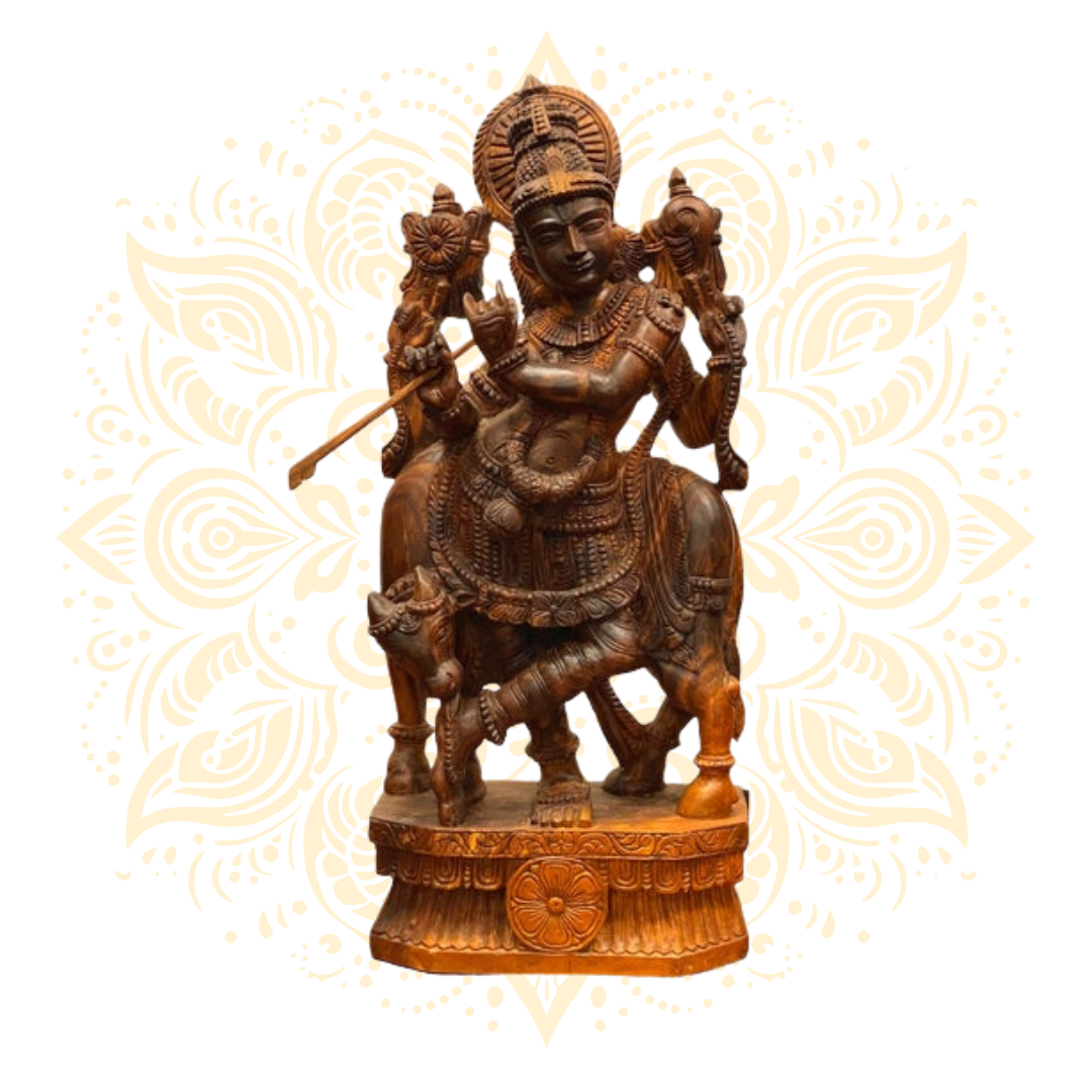Teak Wood Hand Carved Govinda Krishna w/ Cow - Matchless Gifts