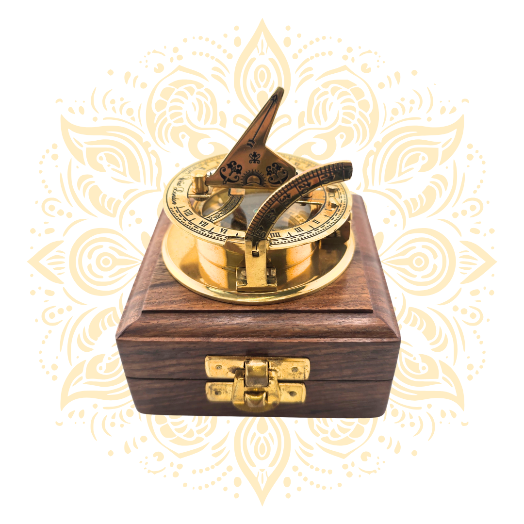 Vintage Brass Sundial Compass – 2.5 Inch Antique Navigation Instrument with Wooden Case