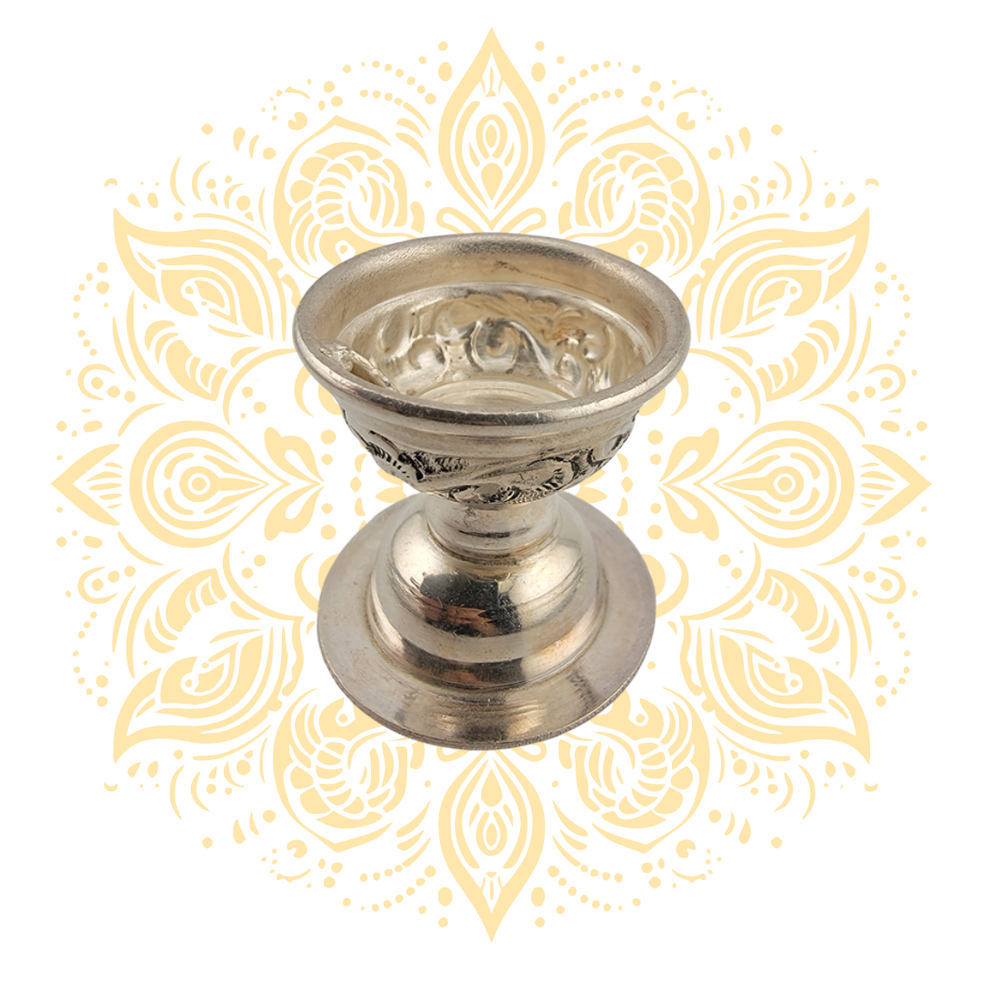 Silver Diya Oil Lamp W/ Floral Engraving 1.5" 28 Grams