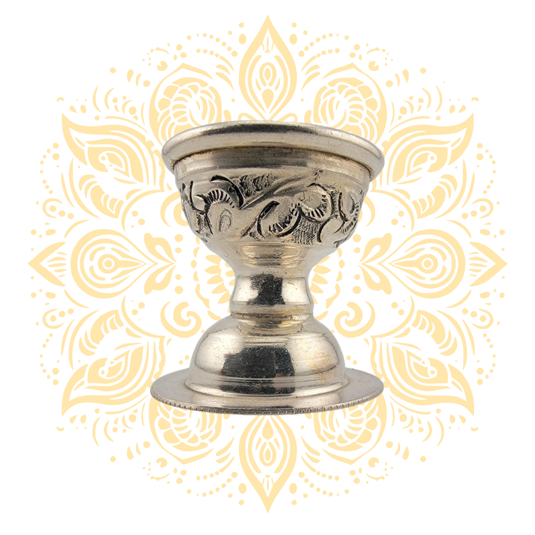 Silver Diya Oil Lamp W/ Floral Engraving 1.5" 28 Grams