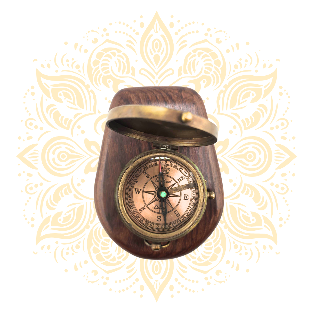 Vintage Brass Pocket Compass with Wooden Case – 2 Inch Antique Navigation Compass