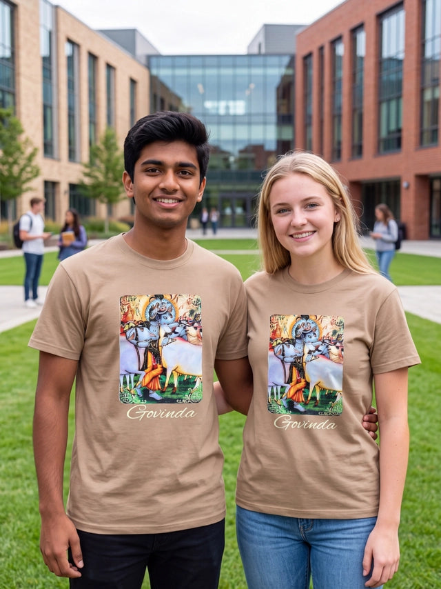 Unisex Govinda Cotton Short Sleeve T-Shirt | Krishna & Cow Devotional Tee