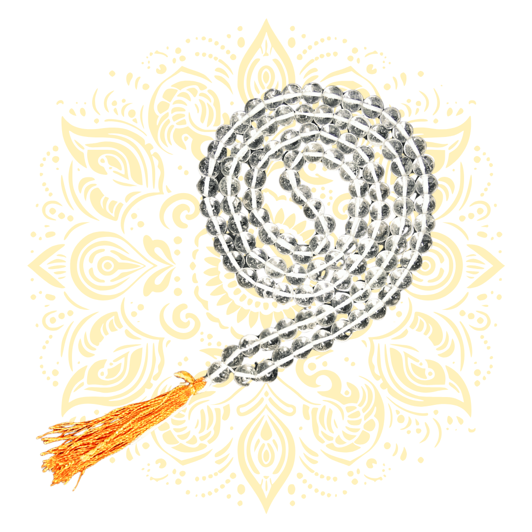 Clear Crystal Japa Mala w/ 108 Beads & Orange Tassel, 16" - Matchless Gifts