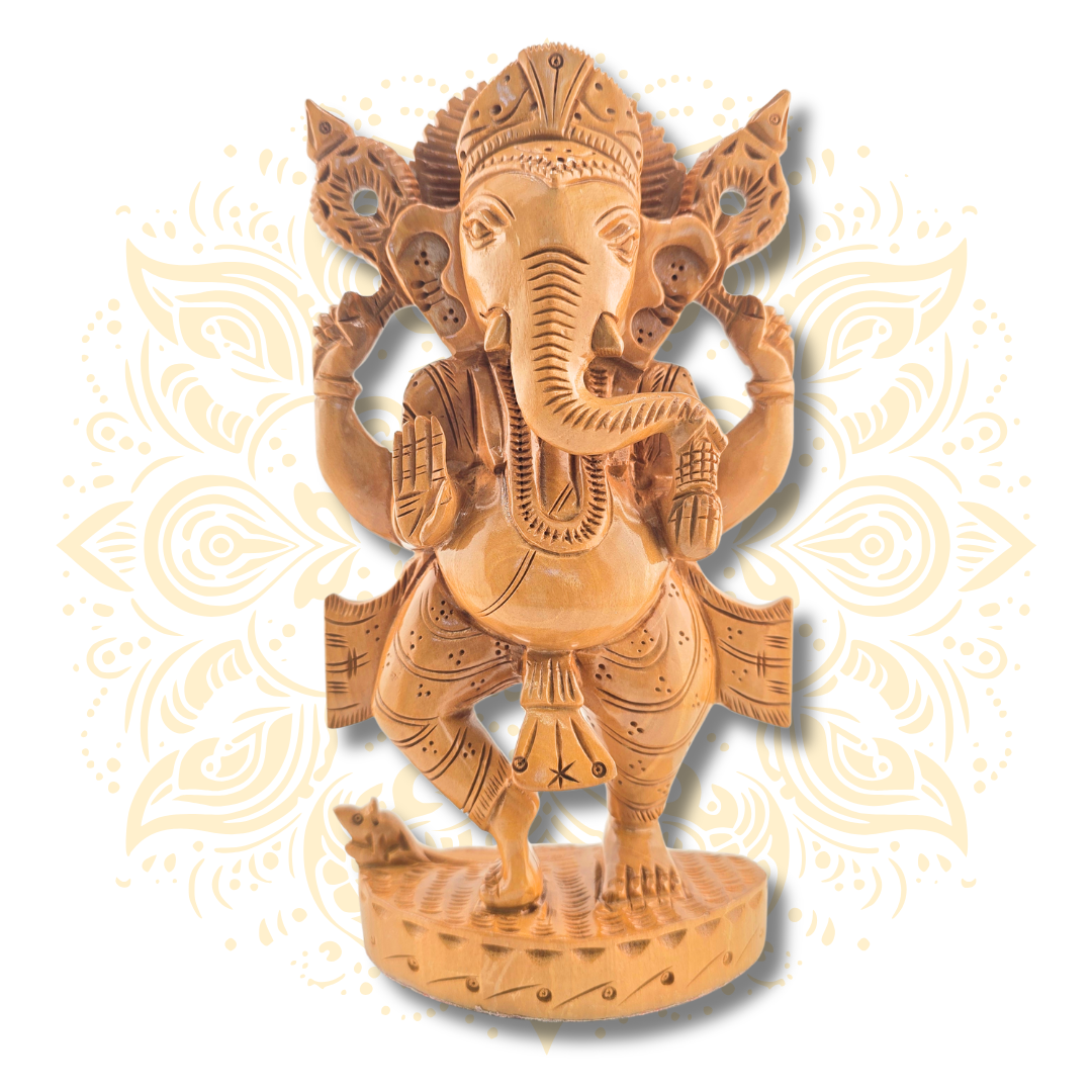 Hand Carved Wooden Dancing Ganesha - 8"