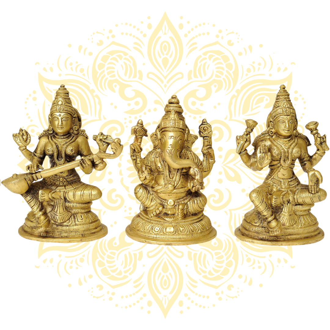 5" The Great Trinity - Saraswati, Ganesha and Lakshmi In Brass