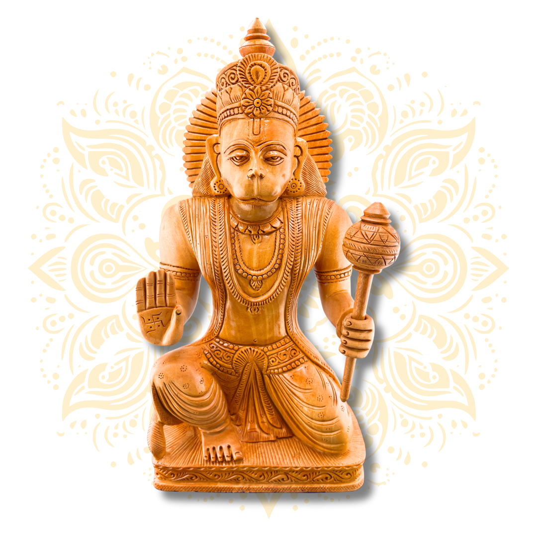 Hand Carved Wooden Sitting Hanuman Statue – 14” - Matchless Gifts