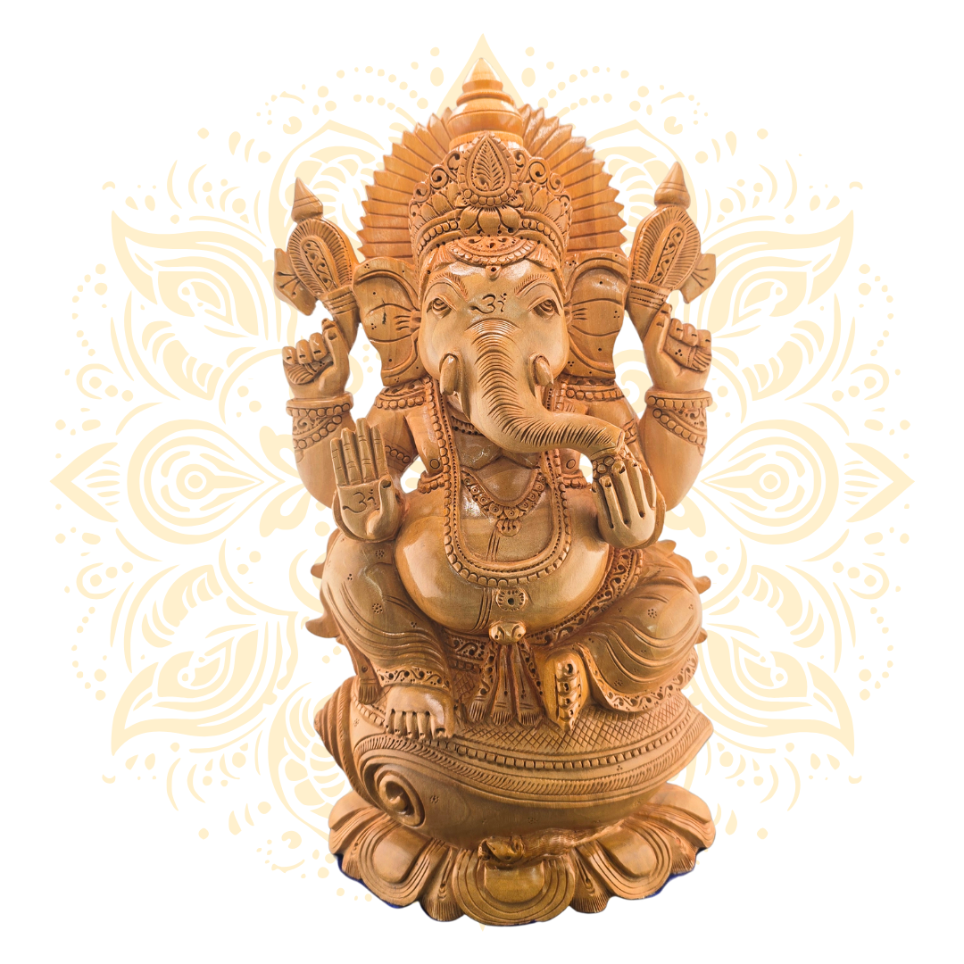 Hand Carved Wooden Ganesh on Conch 12”