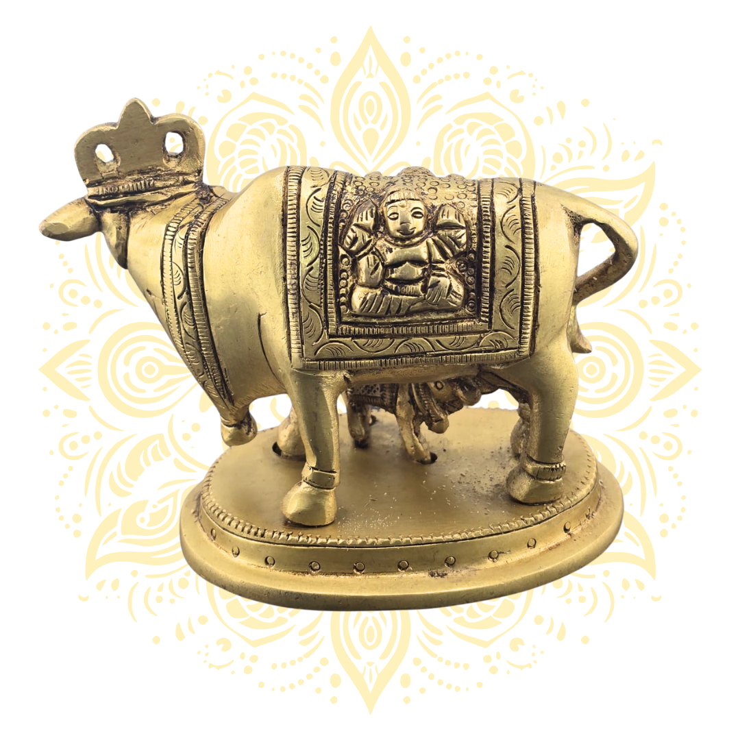 Brass Cow with Calf, Laxmi & Ganesh Figurine 3"
