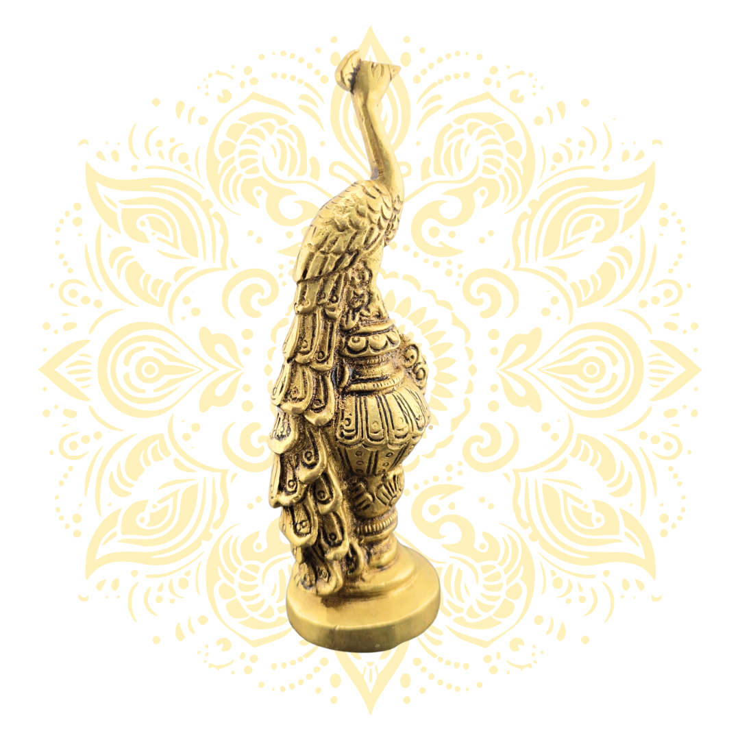 Brass 6” inch single peacock in beautiful and intricate design sitting on a Urn