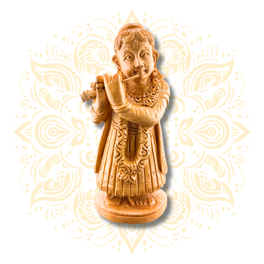 Hand Carved Wooden Krishna Playing Flute - 6"