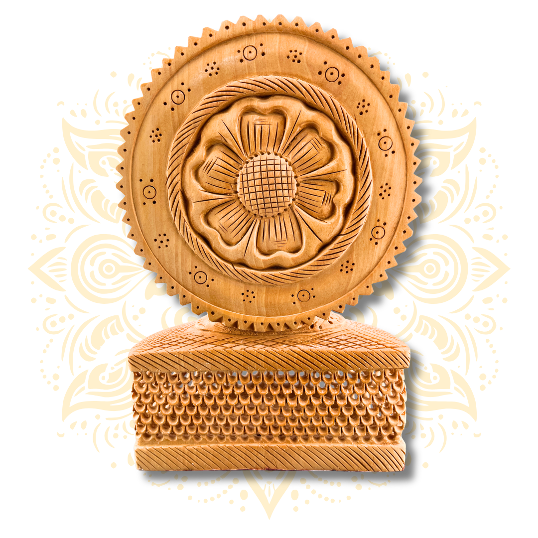 Hand Carved Wooden Buddha Head Statue with Jaali Kiran Halo – 8”