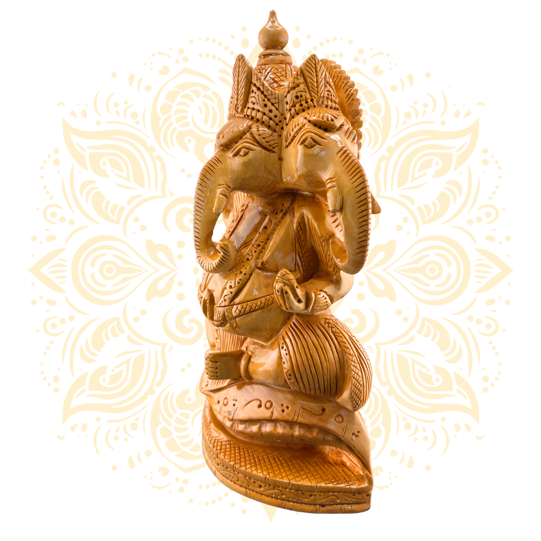Hand Carved Wooden Three Head Ganesh Statue 10”