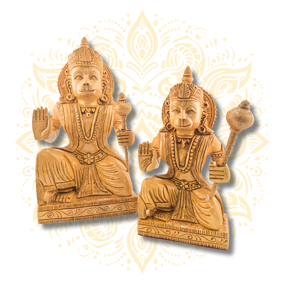 Hand Carved Wooden Sitting Hanuman Statue