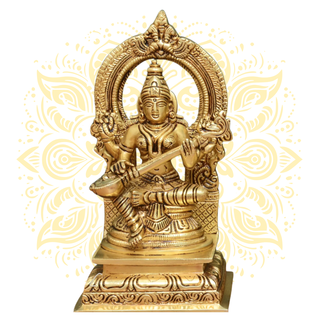 Saraswati 8" Brass Murti w/ Decorative Arch