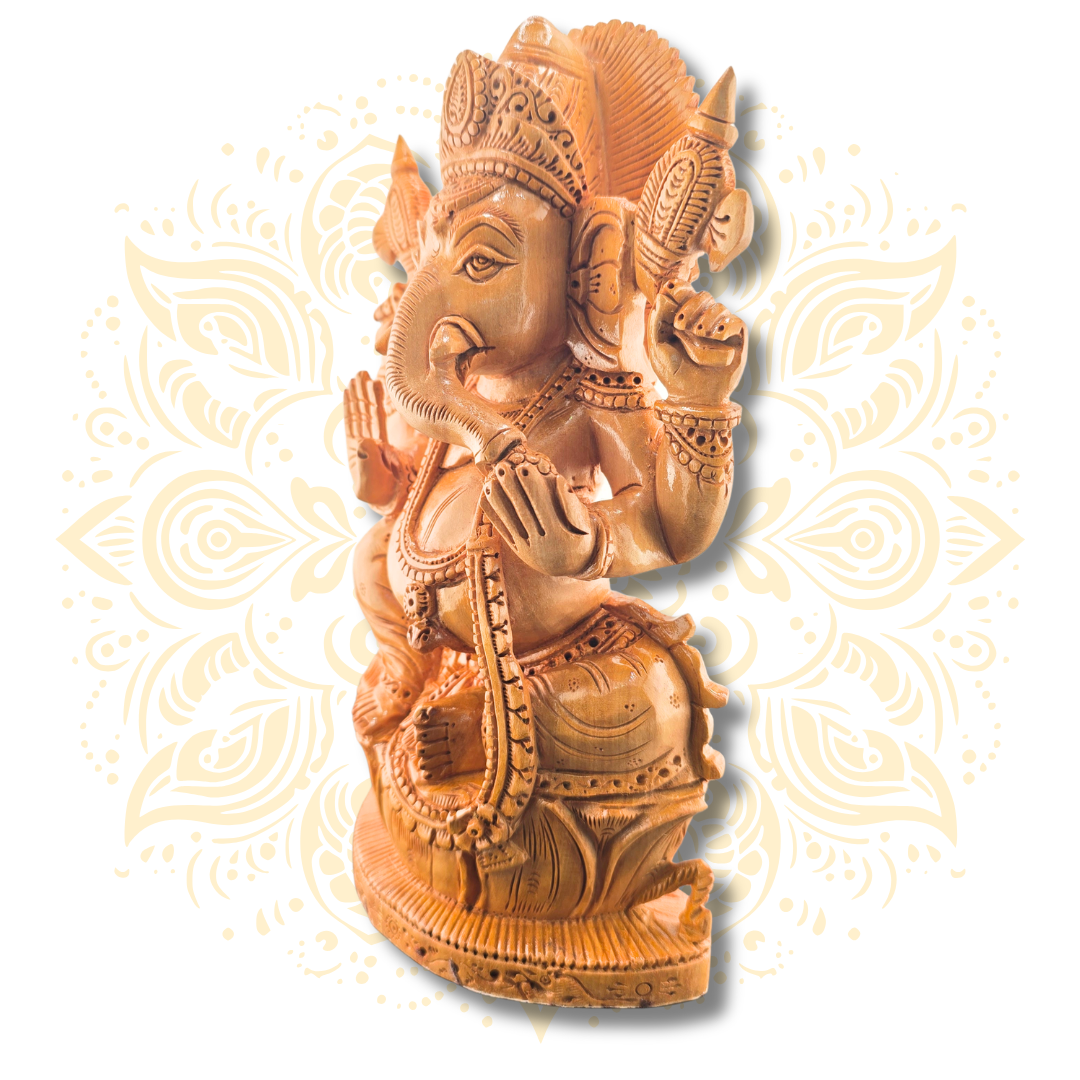 Hand Carved Wooden Ganesh on Lotus Statue – 8” - Matchless Gifts