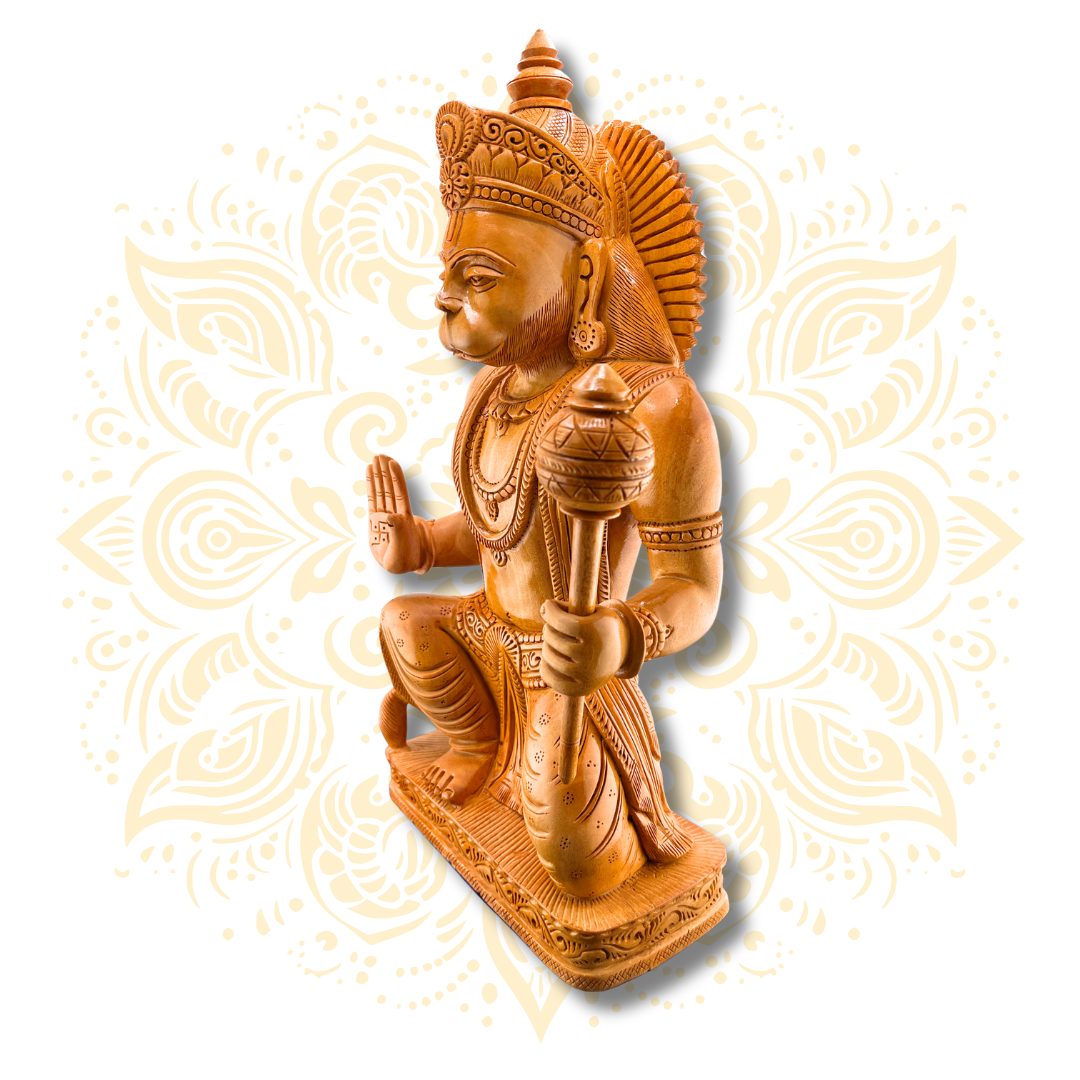 Hand Carved Wooden Sitting Hanuman Statue – 14” - Matchless Gifts