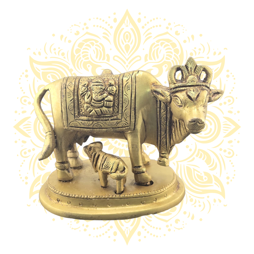 Brass Cow with Calf, Laxmi & Ganesh Figurine 3"