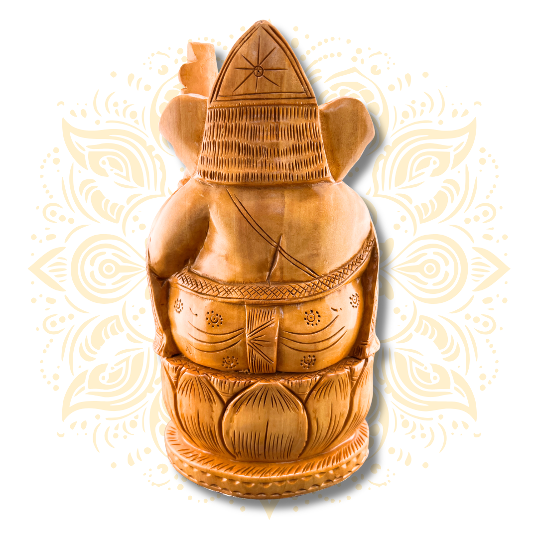 Hand Carved Wooden Musician Ganesha Statue 8”