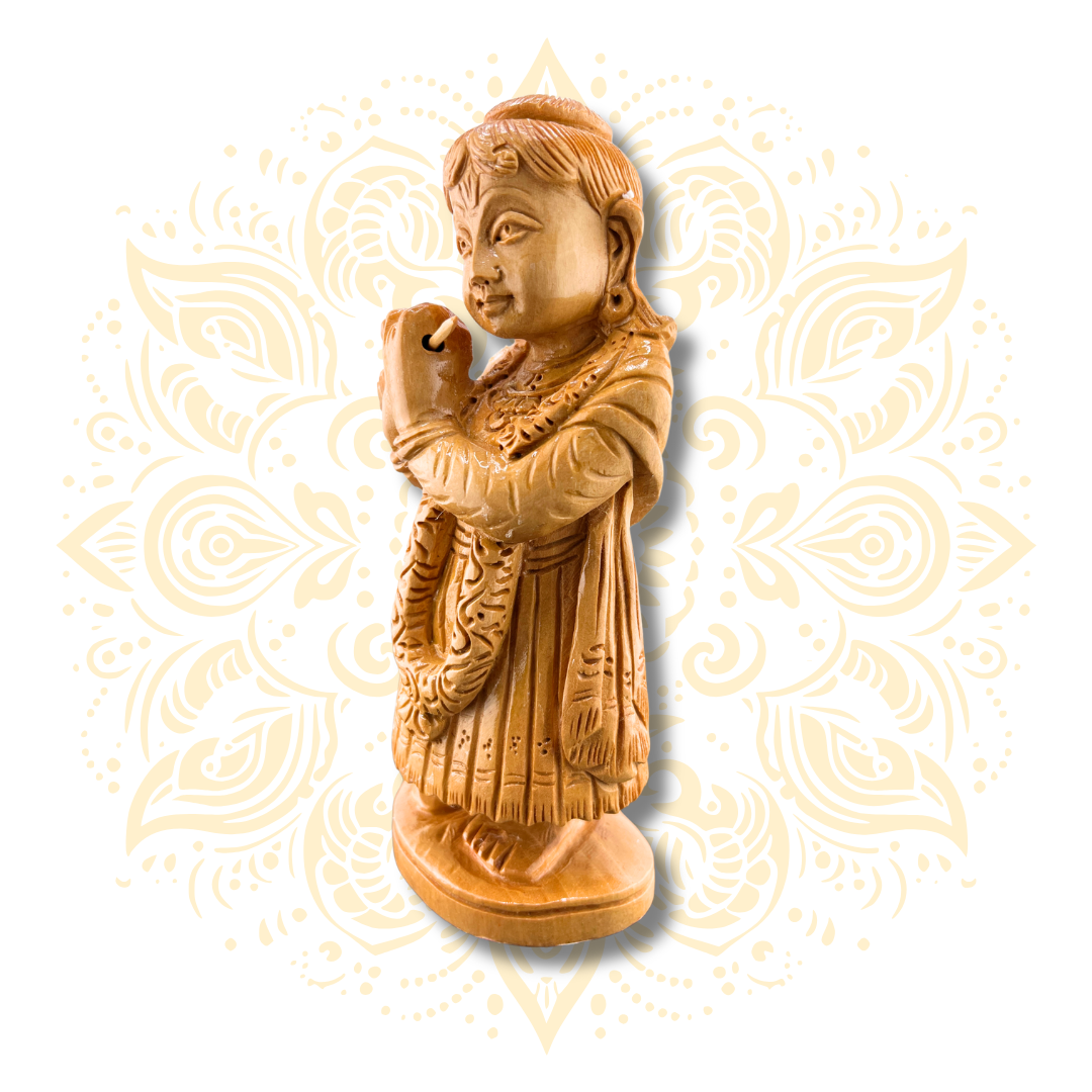 Hand Carved Wooden Krishna Playing Flute - 6"
