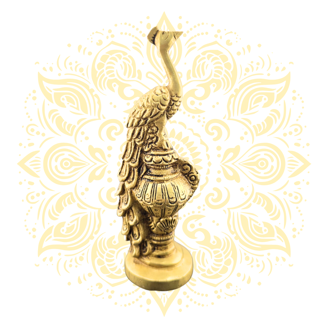Brass 6” inch single peacock in beautiful and intricate design sitting on a Urn