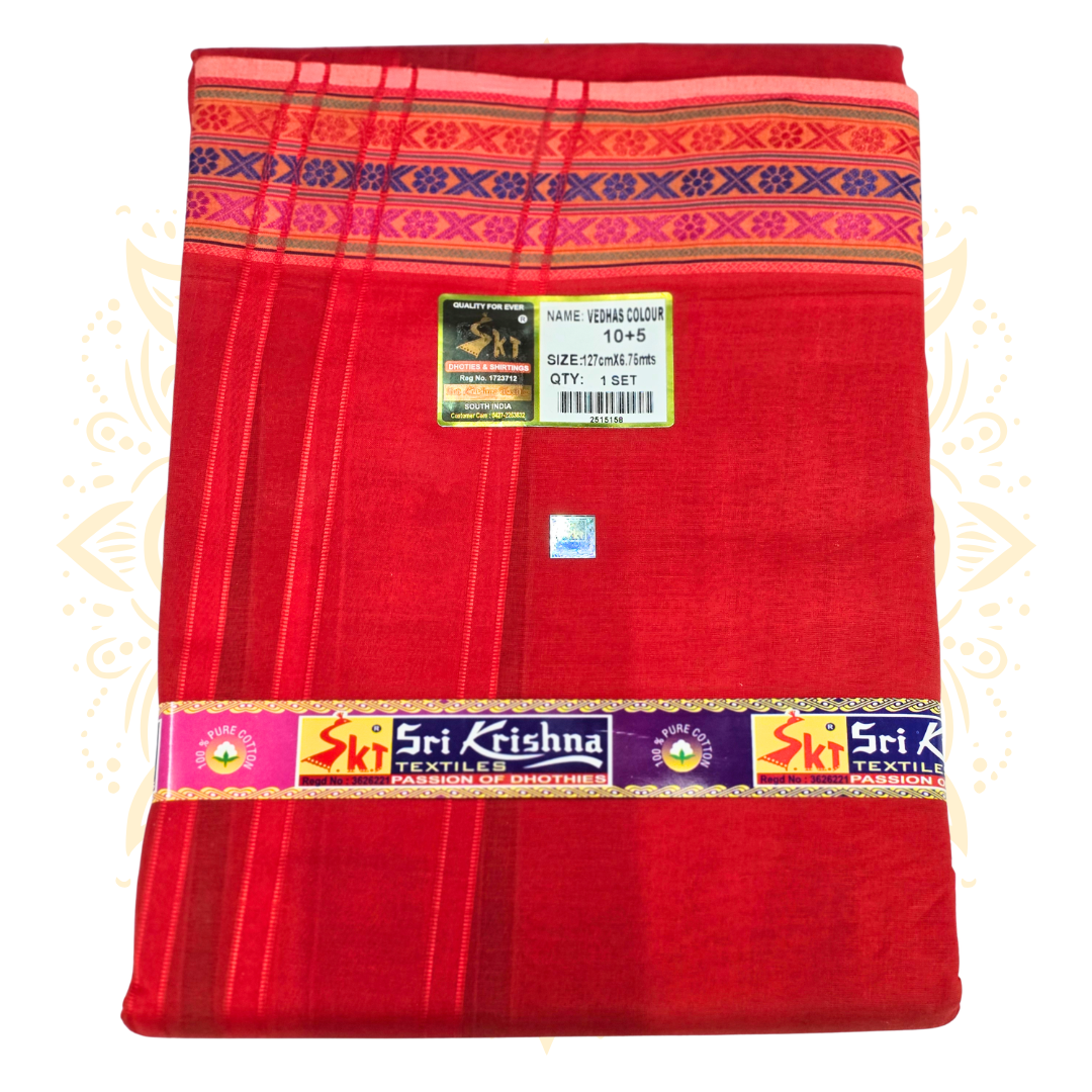 South Indian 100% Cotton Dhoti Set w/ Wide Woven Border