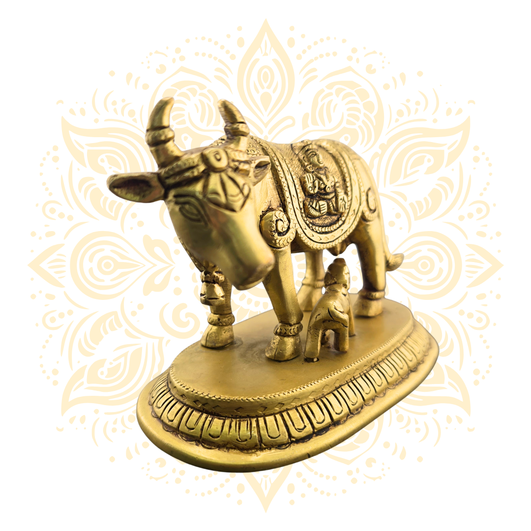 Brass Kamadhenu Cow w/ Calf & Ganesh - Matchless Gifts7