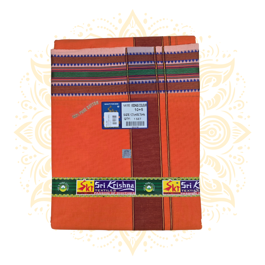 South Indian 100% Cotton Dhoti Set w/ Wide Woven Border - Matchless Gifts4