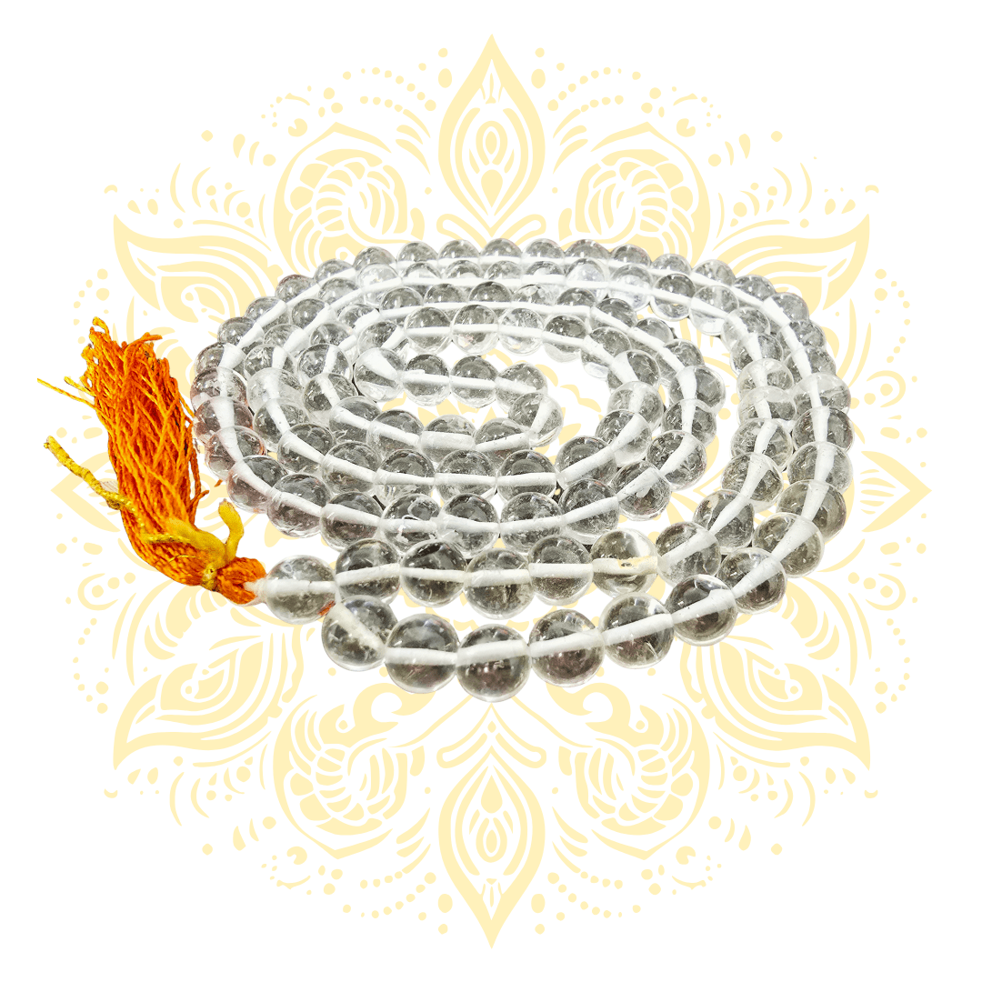 Clear Crystal Japa Mala w/ 108 Beads & Orange Tassel, 16" - Matchless Gifts